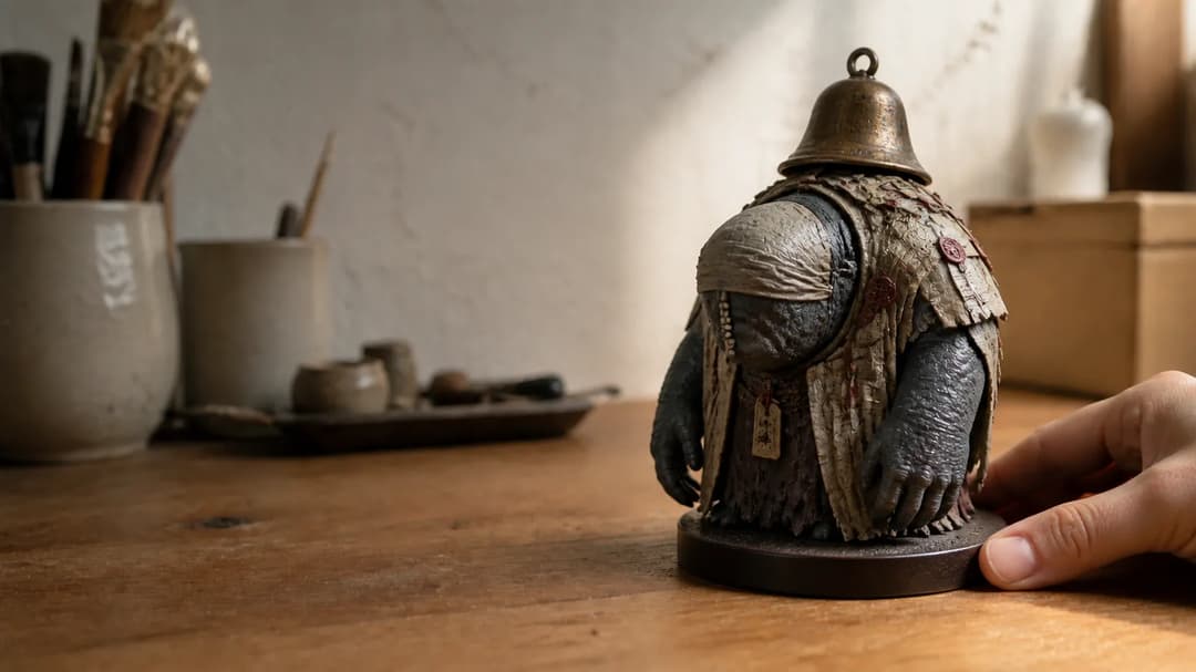 Hand-sized dark-fantasy Bell-Eater Figurine on a real workshop table