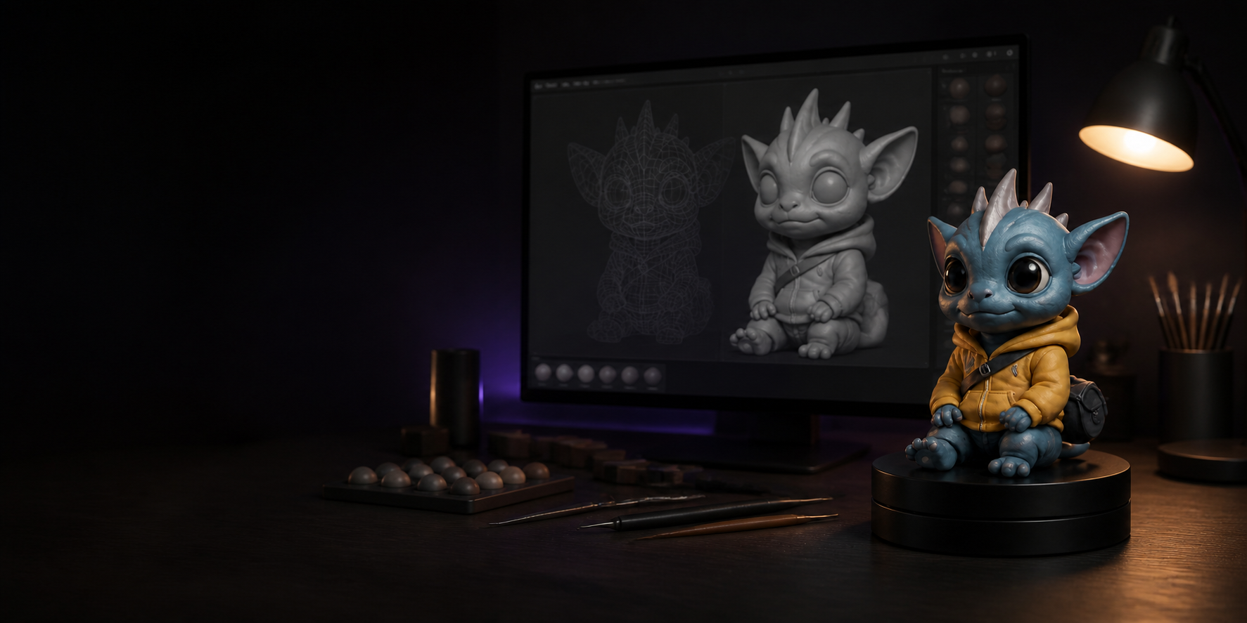 Souven character beside an AI-assisted 3D design workspace